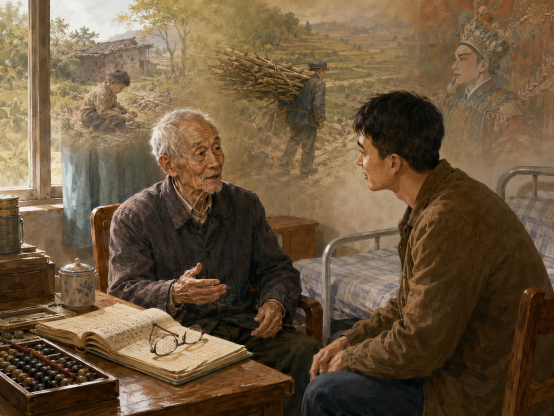 与爷爷谈起往事的主题插画